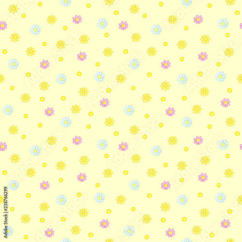 Seamless pattern with watercolor hand drawn pink, yellow, white flowers and yellow points on light yellow background. Background can be easily change for another color