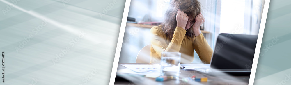 Stressed businesswoman sitting in office, light rays effect. panoramic banner Stressed businesswoman sitting in office, light rays effect. panoramic banner