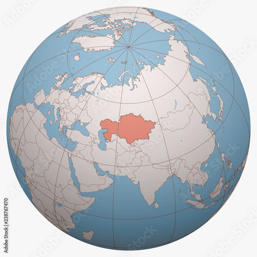 Kazakhstan on the globe. Earth hemisphere centered at the location of the Republic of Kazakhstan. Kazakhstan map.