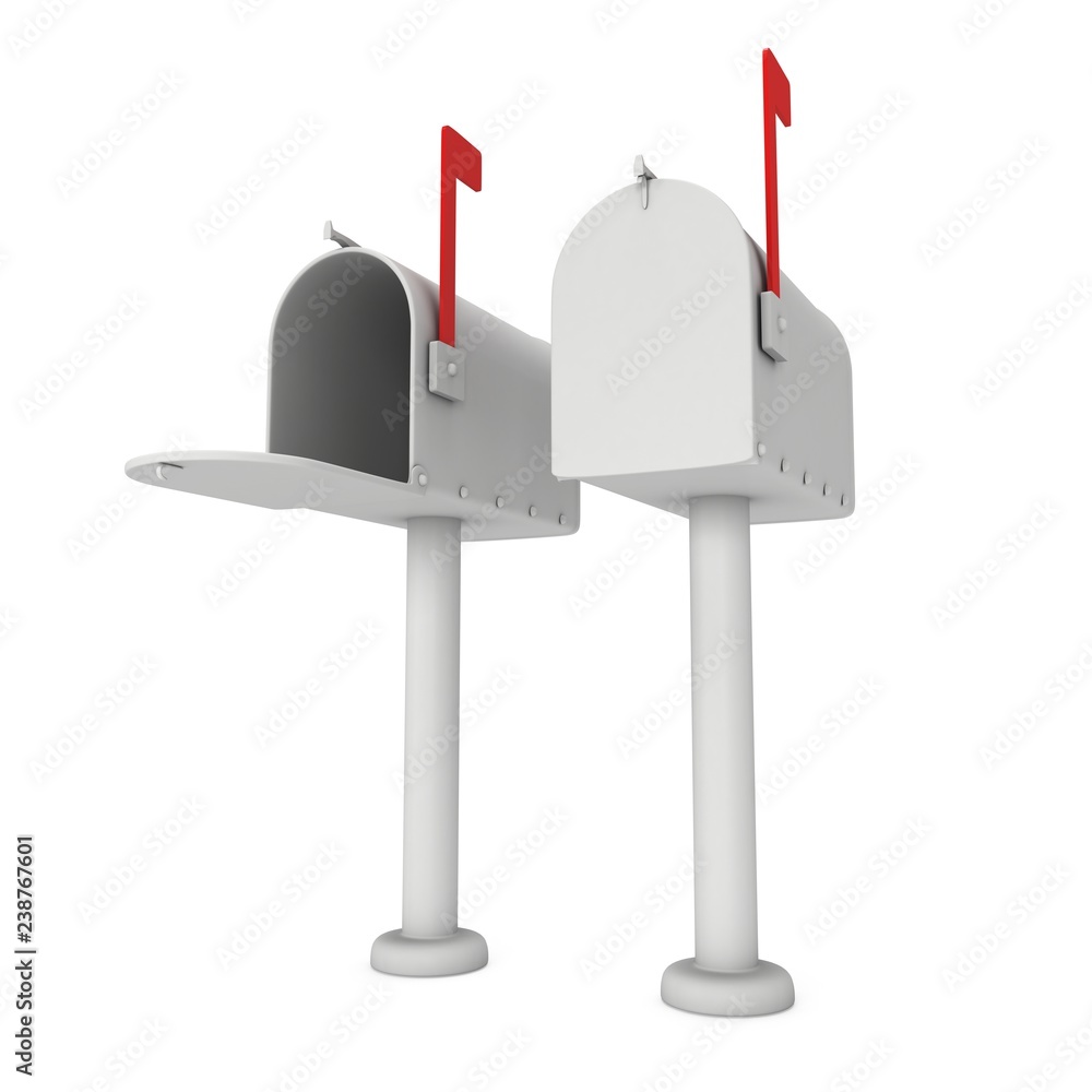 Mailbox with open door and raised flag. 3d render illustration isolated on white background. Mailbox with open door and raised flag. 3d render illustration isolated on white background.