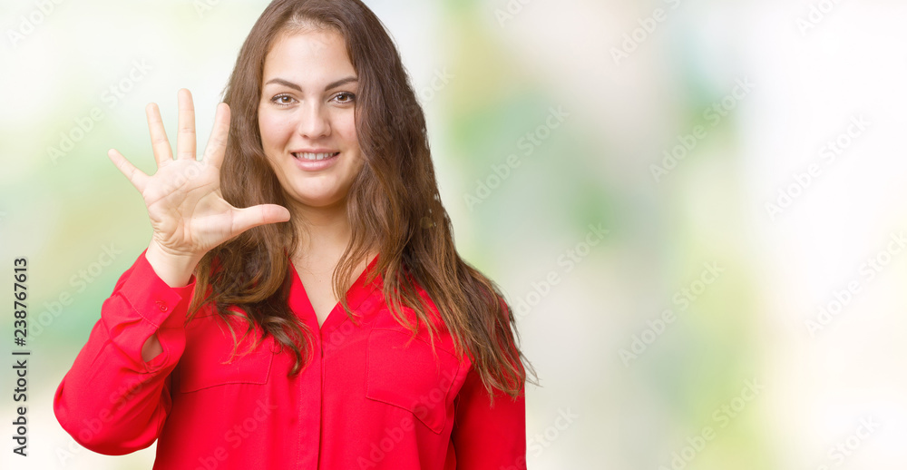 Beautiful plus size young business woman over isolated background showing and pointing up with fingers number five while smiling confident and happy. Beautiful plus size young business woman over isolated background showing and pointing up with fingers number five while smiling confident and happy.