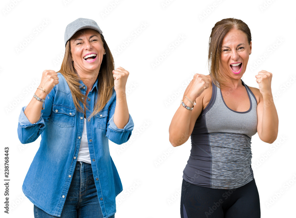 Collage of beautiful middle age woman wearing sport outfit over isolated background very happy and excited doing winner gesture with arms raised, smiling and screaming for success Collage of beautiful middle age woman wearing sport outfit over isolated background very happy and excited doing winner gesture with arms raised, smiling and screaming for success