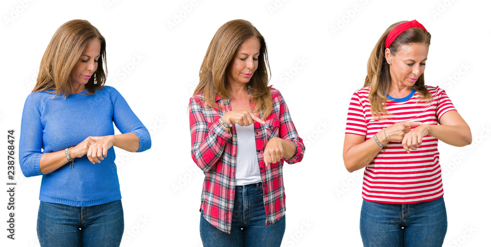 Collage of beautiful middle age woman over isolated background Checking the time on wrist watch, relaxed and confident Collage of beautiful middle age woman over isolated background Checking the time on wrist watch, relaxed and confident