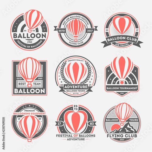Balloon vintage isolated label set. Balloon federation symbol. Flying club logo. Hot air balloon festival badge. Balloon tournament symbol. Badge collection with mountains, balloons, month, sun, stars