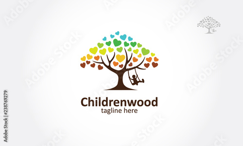 Childrenwood Vector Logo Illustration. A love tree with a child play the swing under the tree, this logo symbolize a protection, peace,tranquility, growth, and care or concern to development