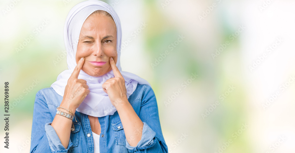 Middle age eastern arab woman wearing arabian hijab over isolated background Smiling with open mouth, fingers pointing and forcing cheerful smile Middle age eastern arab woman wearing arabian hijab over isolated background Smiling with open mouth, fingers pointing and forcing cheerful smile