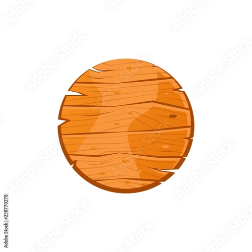 Cartoon round wooden plate. Old west wood pizza dish. Welcome board. Plank for banners or messages. Vector wood board isolated on white background.