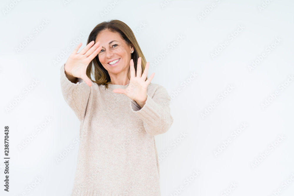 Beautiful middle age woman over isolated background Smiling doing frame using hands palms and fingers, camera perspective Beautiful middle age woman over isolated background Smiling doing frame using hands palms and fingers, camera perspective