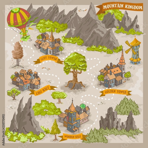 Fantasy adventure map for cartography with colorful doodle hand draw vector illustration of Mountain Kingdom photo