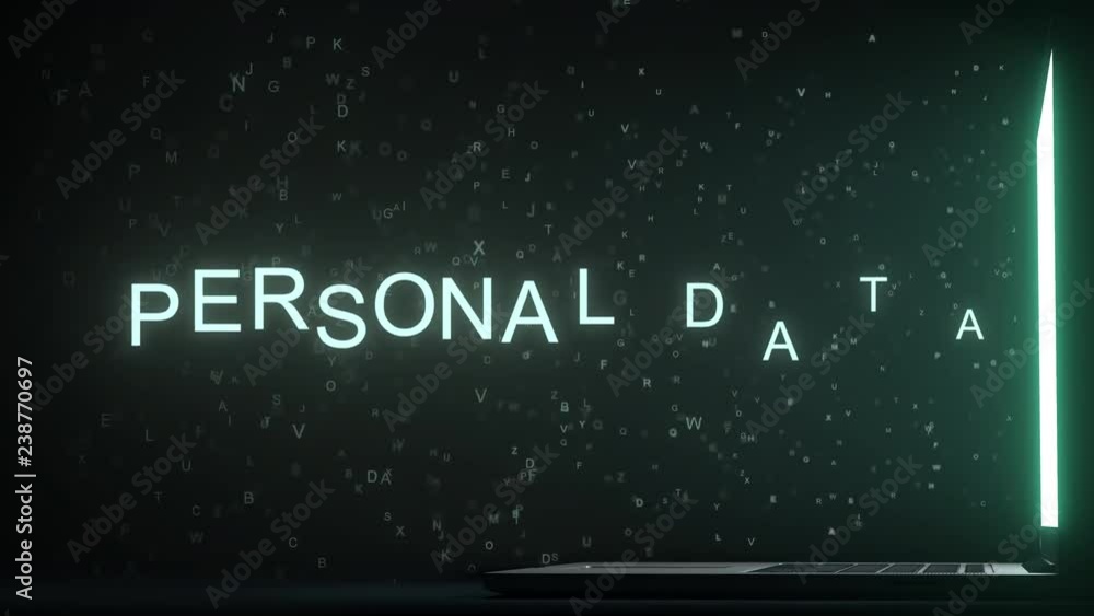 Letters leaving computer screen form PERSONAL DATA text, 3D animation Letters leaving computer screen form PERSONAL DATA text, 3D animation