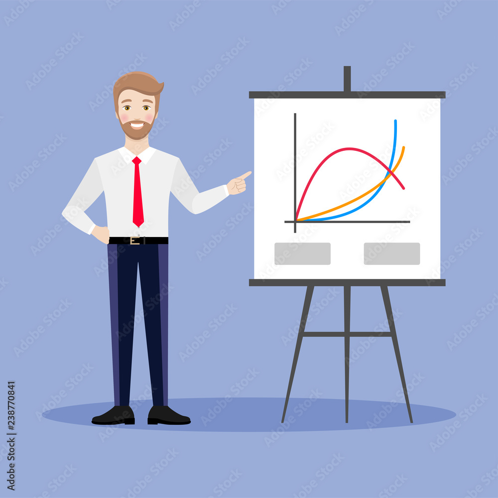 A happy businessman makes a presentation. Businessman points finger at a presentational chart. Flat illustration on blue background. A happy businessman makes a presentation. Businessman points finger at a presentational chart. Flat illustration on blue background.