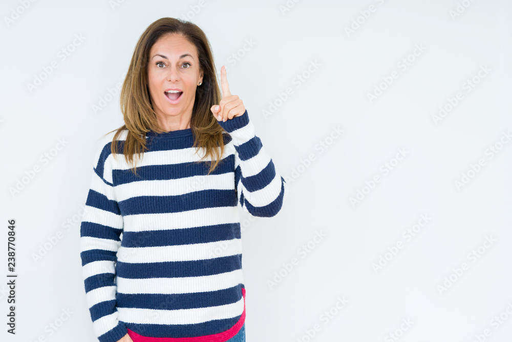 Beautiful middle age woman wearing navy sweater over isolated background pointing finger up with successful idea. Exited and happy. Number one. Beautiful middle age woman wearing navy sweater over isolated background pointing finger up with successful idea. Exited and happy. Number one.
