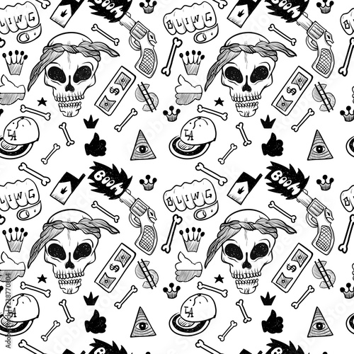 Rap Music. Hip hop doodle pattern with rap attributes