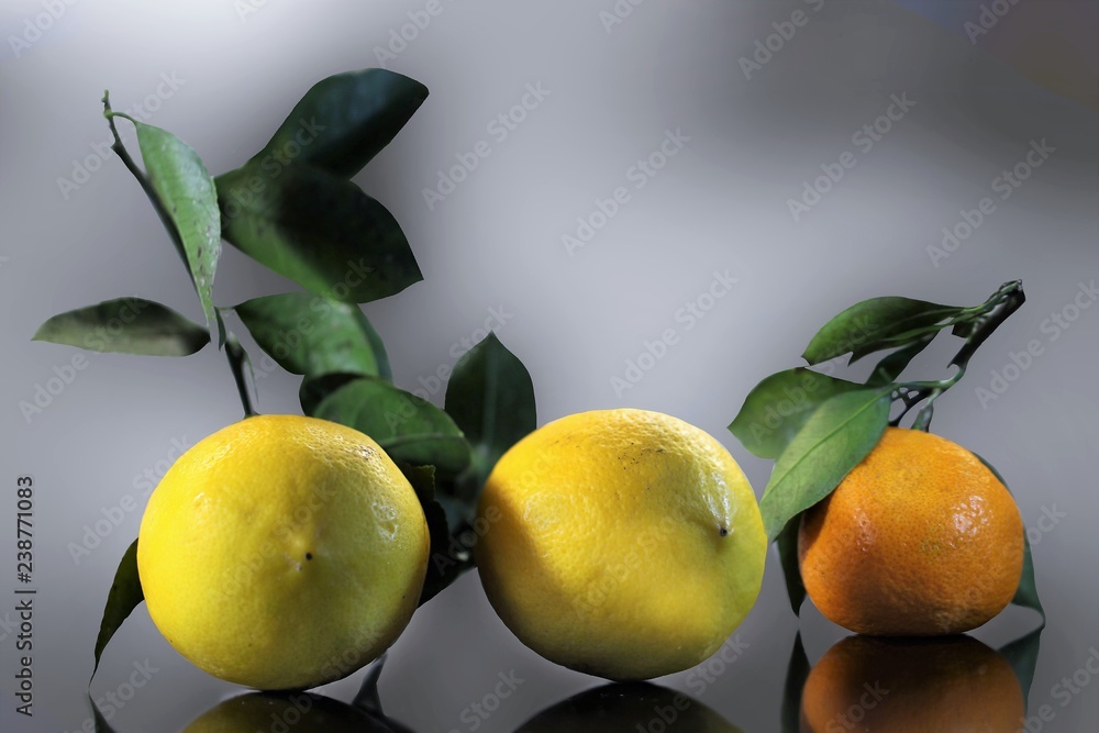 Two lemons and tangerine lying on the table