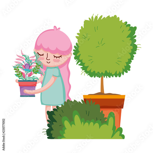 little girl lifting houseplant with tree and bush