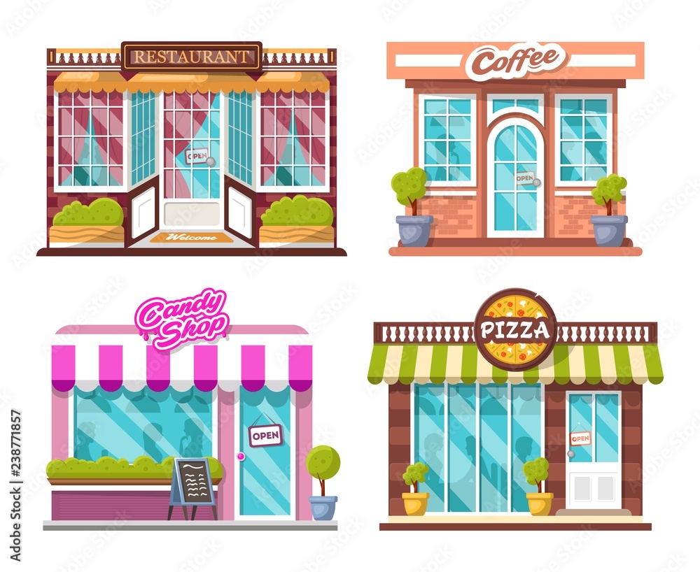 Set of detailed flat design city public buildings with storefronts and different interior design elements. Pizza, candy shop, coffee house, restaurant, bushes, logos, windows with shadows of people. Set of detailed flat design city public buildings with storefronts and different interior design elements. Pizza, candy shop, coffee house, restaurant, bushes, logos, windows with shadows of people.