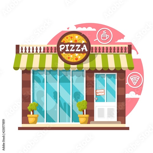 Pizza cafe concept. Flat design city public building with storefront and different interior design elements. Modern landscape set with bushes, logo, window with shadows of people.