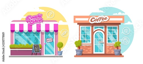 Fototapeta Naklejka Na Ścianę i Meble -  Candy shop and coffee house concept. Flat design city public buildings with storefronts and different interior design elements. Modern landscape set with bushes, logos, windows with shadows of people.