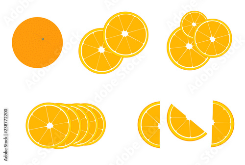 Set of fresh whole and cut orange and slices isolated on white background. From top view, flat illustration