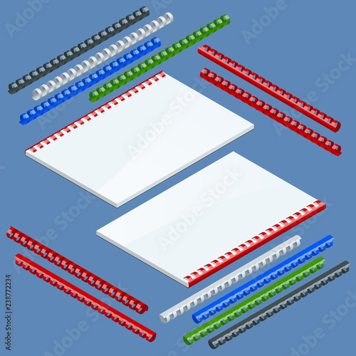 Isometric Document binding components and springs for fastening of catalogs, plastic springs for binding. Vector illustration plastic springs for binding