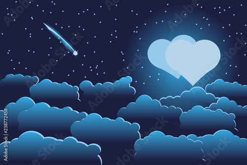 Moon in form of two hearts, comet, starry night sky and clouds of blue with illumination
