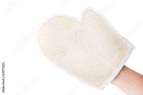 Obraz na plátně Luffa Bath Washing Glove on Hand isolated on the white background
