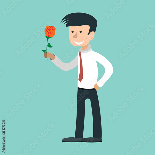 man gives rose, holding bunch of flowers, love confession