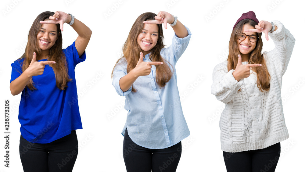 Collage of beautiful young woman over isolated background smiling making frame with hands and fingers with happy face. Creativity and photography concept.