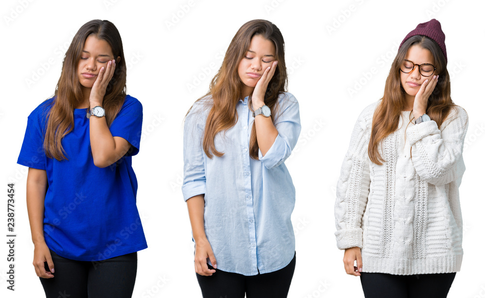 Collage of beautiful young woman over isolated background thinking looking tired and bored with depression problems with crossed arms. Collage of beautiful young woman over isolated background thinking looking tired and bored with depression problems with crossed arms.