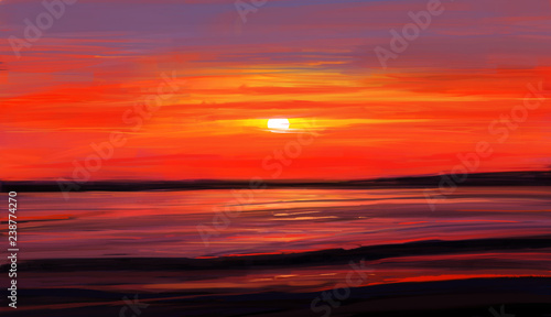  Landscape with sunset. Illustration painting