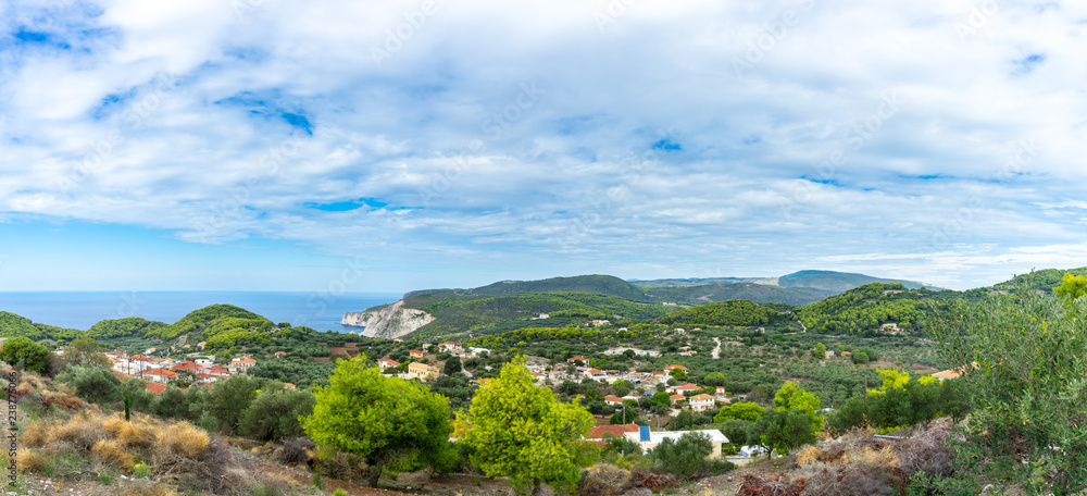 Greece, Zakynthos, XXL panorama of endless beautiful green nature landscape and blue ocean