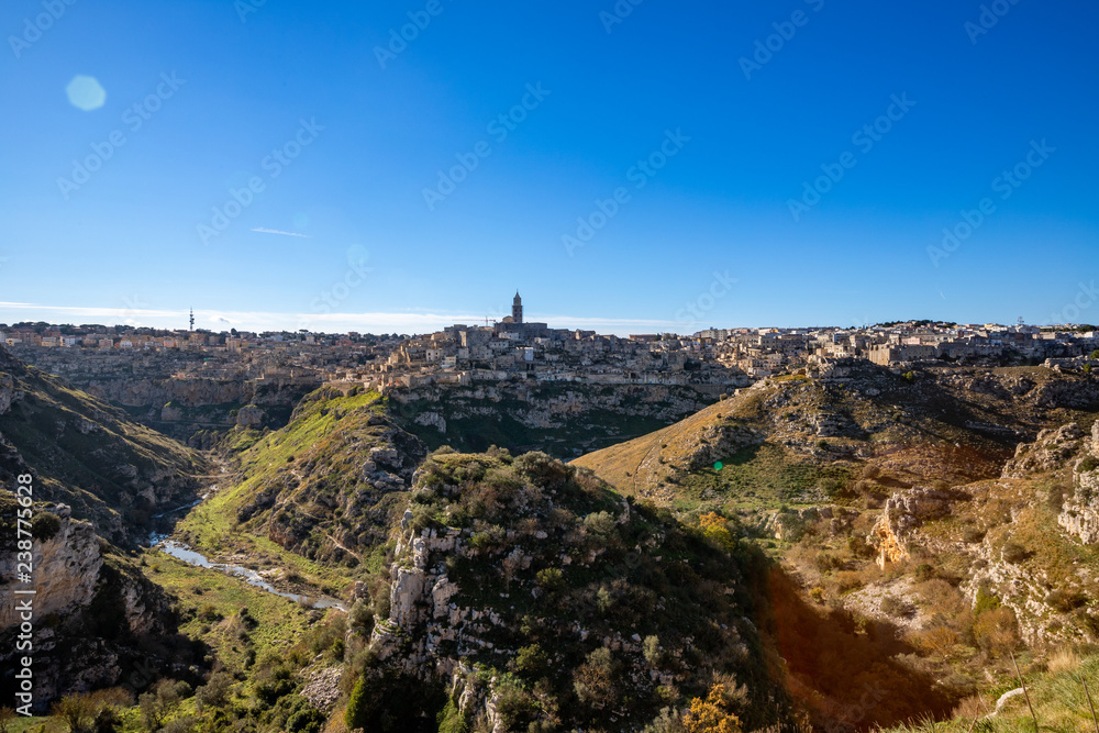 Panorama of Matera and Gravina seen from the archaeological park of the Murge Materane, Basilicata, Italy