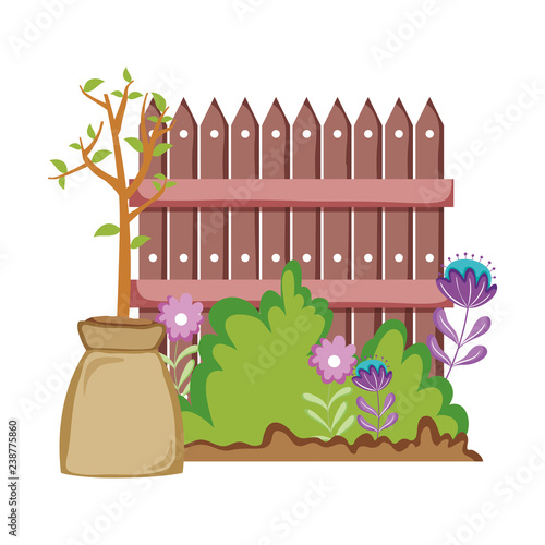 wooden fence with garden flowers scene photo