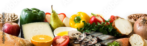 Healthy eating. Mediterranean diet. Fruit,vegetables, grain, nuts olive oil and fish isolated on white background. Panoramic view
