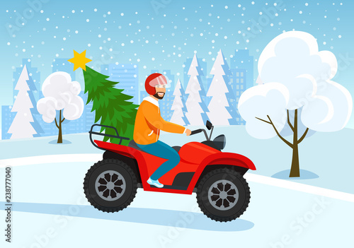Young man riding atv with christmas tree. Winter forest landscape. Vector flat style illustration