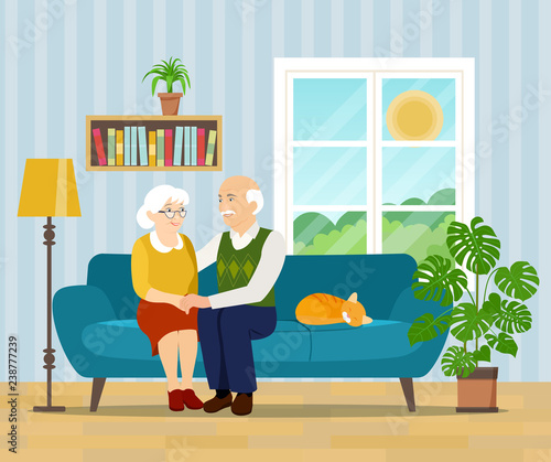 Grandmother, grandfather and cat sitting on the couch . Vector flat illustration