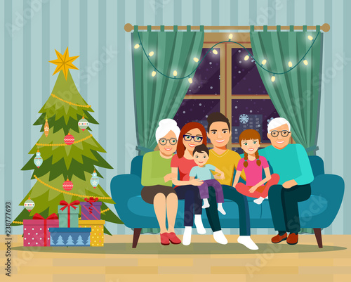Big family sitting on sofa in the living room. Happy New Year and Merry Christmas. Vector flat illustration.