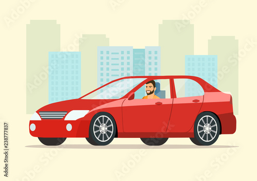 Red sedan car with driver man side view. Vector flat style illustration