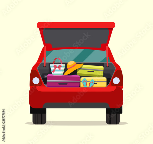 Suitcase, bags and other luggage in the trunk of the car sedan on the back. Vector flat style illustration