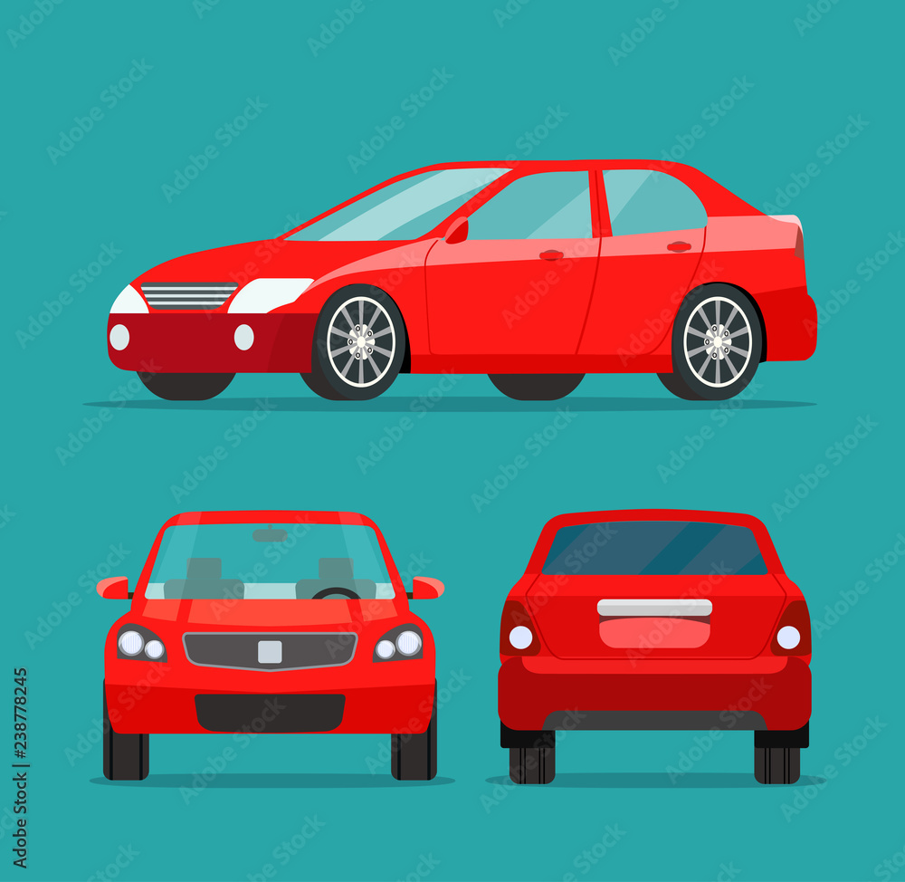 Red sedan three angle set. Car side view, back view and front view. Vector flat illustration
