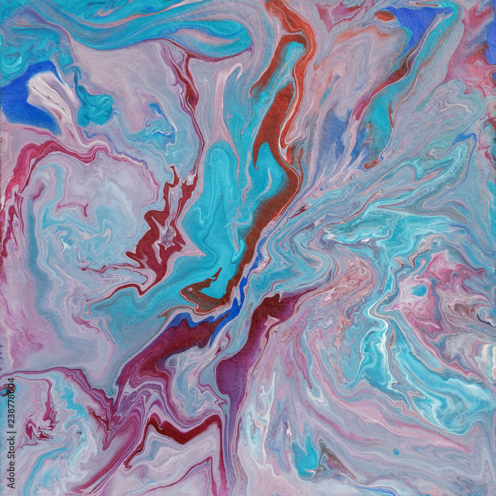 Colorful pink and blue wavy texture. Abstract acrylic painting. Fluid art.
