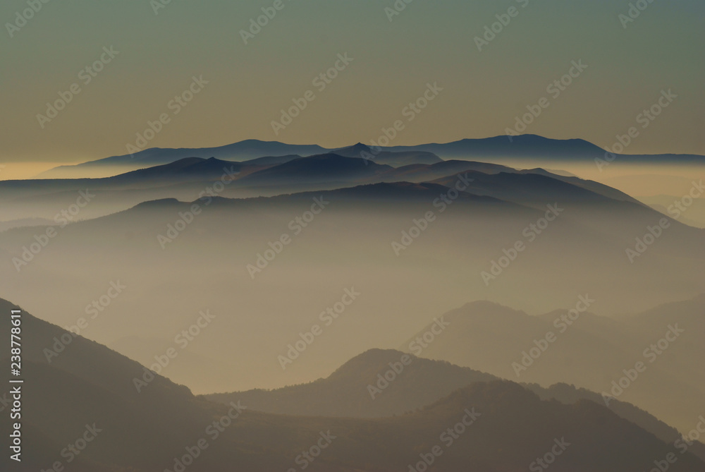 Mists in the Bieszczady Mountains. View from Tarnica. Bieszczady National Park