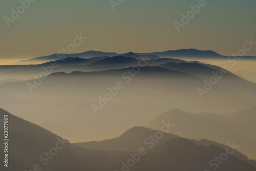 Mists in the Bieszczady Mountains. View from Tarnica. Bieszczady National Park