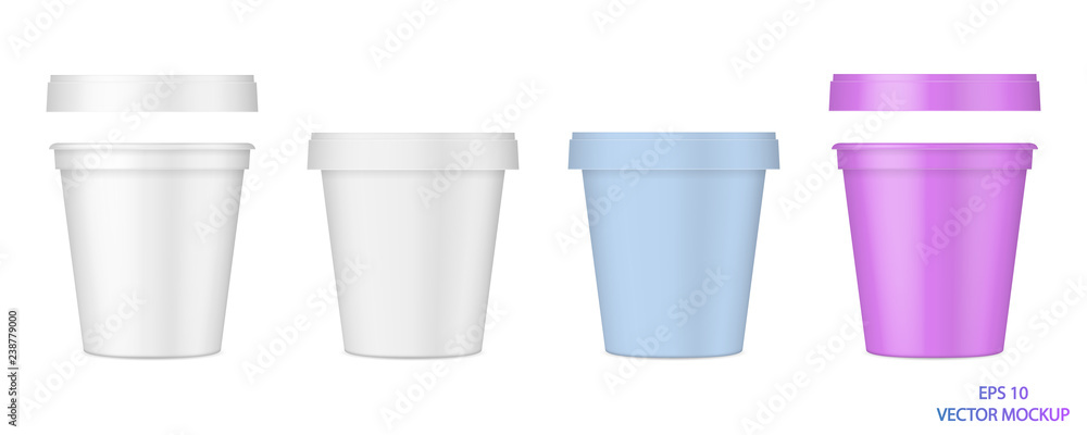 Vector realistic set of images (mockup, layout) of matt and glossy plastic packaging with a lid (cup) for food, beverages or cosmetics. EPS 10. Vector realistic set of images (mockup, layout) of matt and glossy plastic packaging with a lid (cup) for food, beverages or cosmetics. EPS 10.