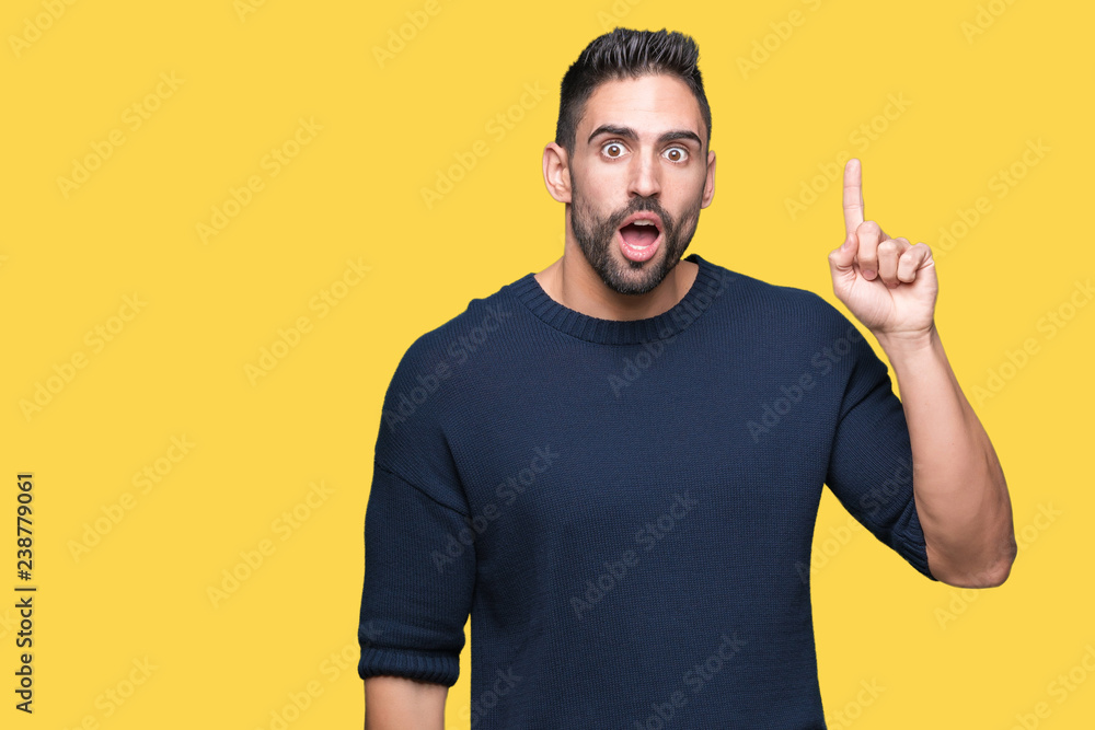 Young handsome man wearing sweater over isolated background pointing finger up with successful idea. Exited and happy. Number one. Young handsome man wearing sweater over isolated background pointing finger up with successful idea. Exited and happy. Number one.