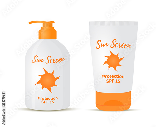 Vector 3d realistic sunscreen cream - bottle, tube.