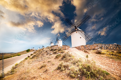 traditional windmills in Consuegra at sunset, Toledo, Spain