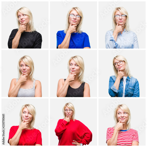 Collage of beautiful blonde woman wearing differents casual looks over isolated background with hand on chin thinking about question, pensive expression. Smiling with thoughtful face. Doubt concept.