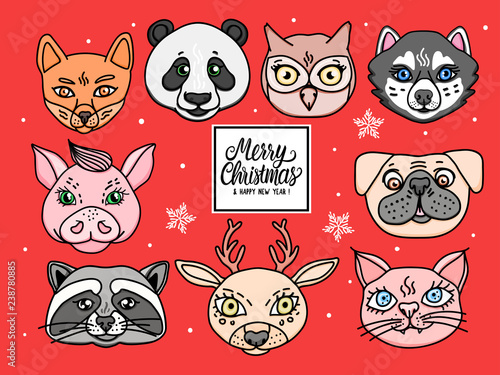 Red card Merry Christmas Set Cute animals heads isolated on red. Holiday design characters Vector hand drawn