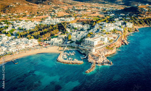 Aerial panoramic viewpoint of scenic costal village by the beautiful sea, Paros, Greece